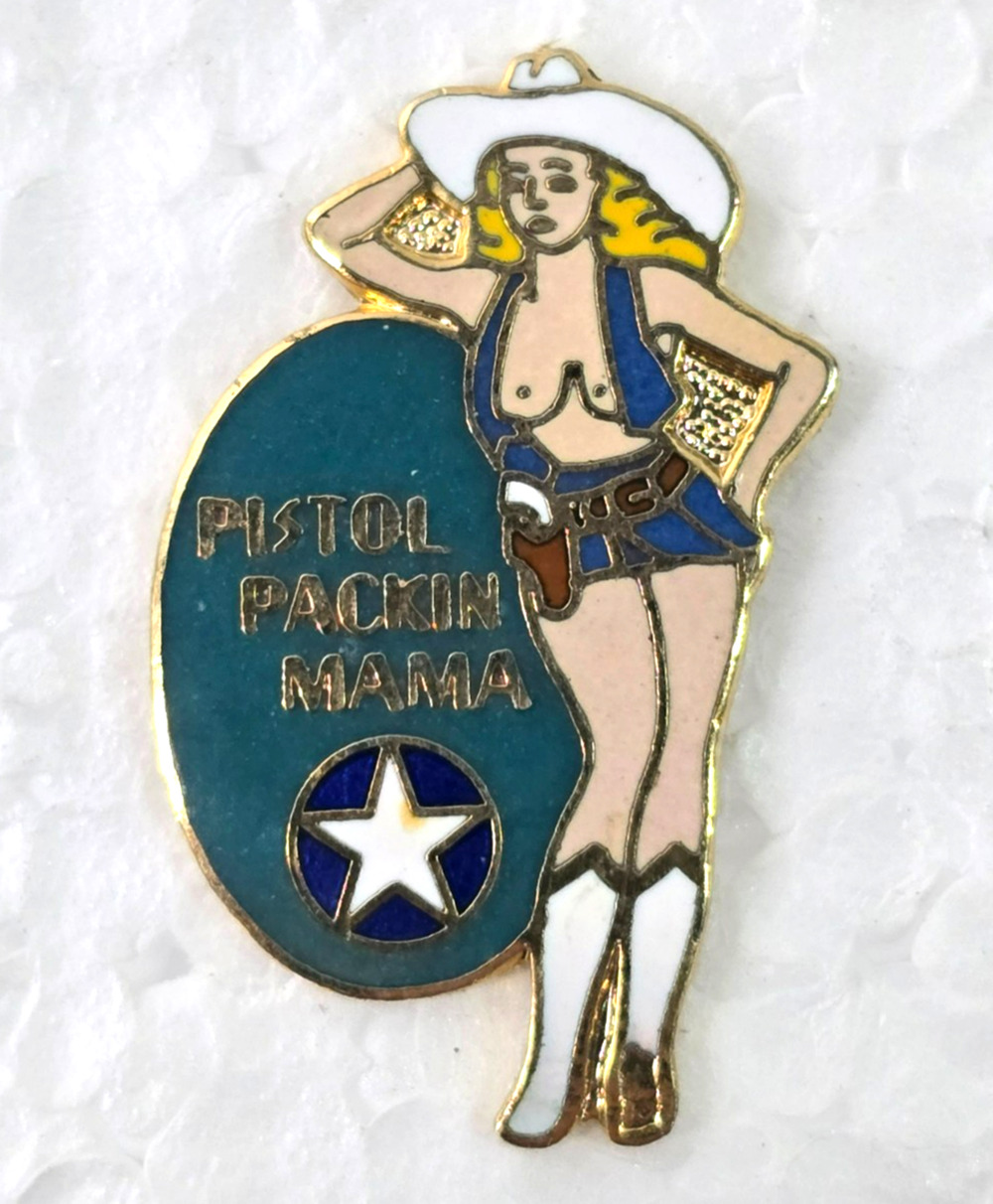 USAF Army Nose Art Pinup Girl "Pistol Packin Moma " Lapel Hat Pin Tie Tac WWII